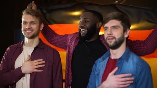 Men with Flag Standing Together Indoors