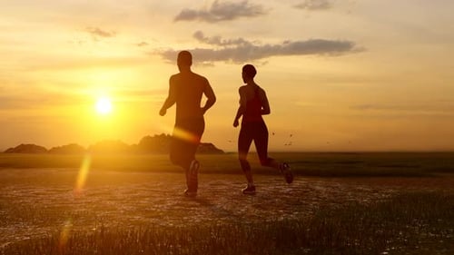 Animated Silhouettes of Runners at Golden Sunset