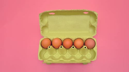 Filling a box with eggs in a cardboard package on a pink background