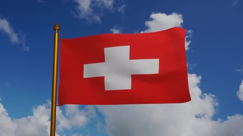 Realistic Waving Switzerland National Flag in Blue Sky