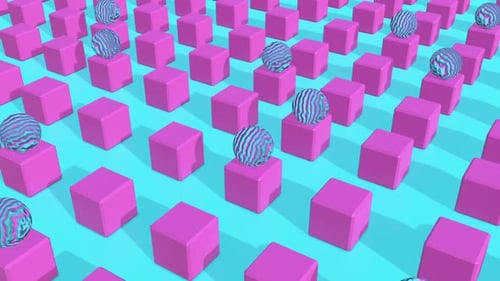 Abstract Bouncing Spheres on Pink Cubes Pattern