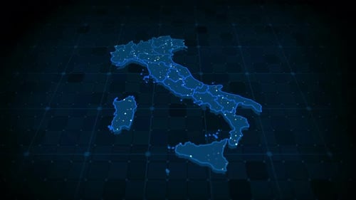 Digital Futuristic Map of Italy with Blinking Data Points