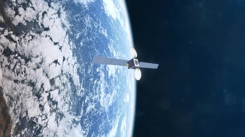 Space Satellite Deploying Solar Panels in Earth Orbit