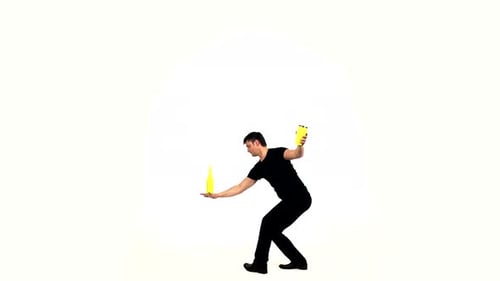 Man Juggling Yellow Bottles and Clubs on White Backdrop