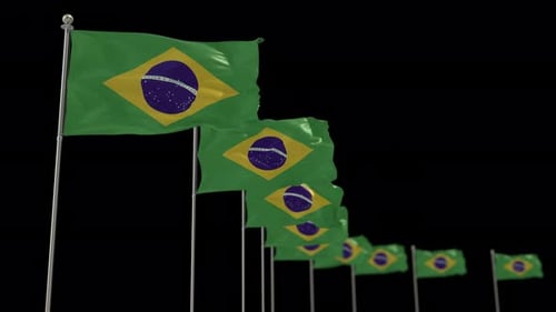Waving Brazilian Flags in a Row on Black Background