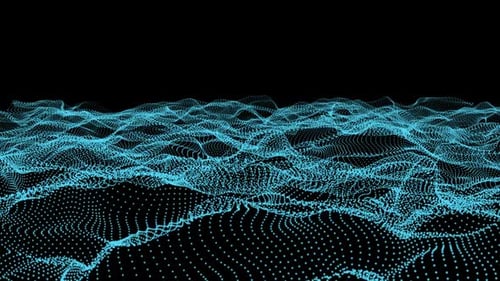 Onde de particules numériques abstraites, animation, données numériques, cybersécurité ou contexte technologique