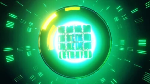 Rotating particles and flashing light on red background, loop