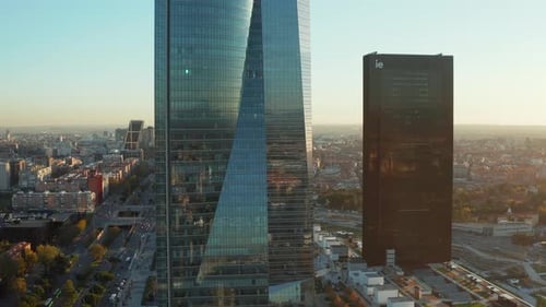 Slide and Pan Footage of Modern Buildings in Cuatro Torres Business Area