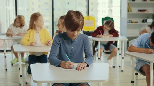 Elementary Students Studying in School Classroom