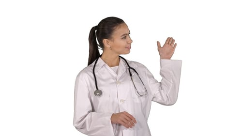Médica mostrando algo com as mãos estendidas Apresentação