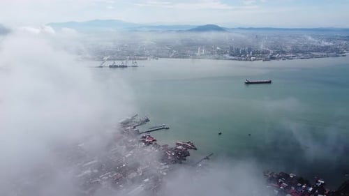 Aerial view morning fog cloud over sea