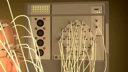 Electroencephalography machine analyzing activity of a human brain. Closeup. HD