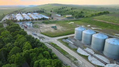 Aerial View of Industrial Ventilated Silos for Long Term Storage of Grain and Oilseed