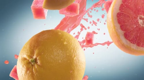 Pomelo con rodajas cayendo sobre fondo cian