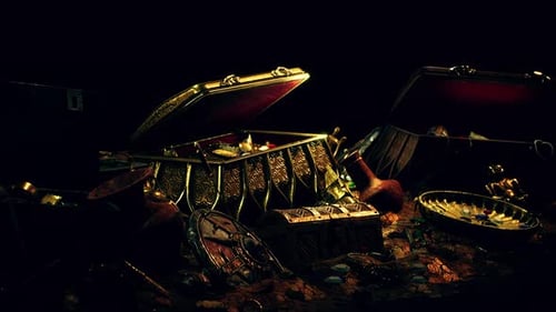 Treasures in a Dark Cave with Coins Diamonds and Gold