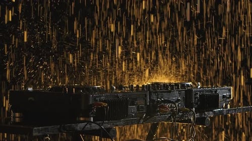 Professional Mixer Console for Playing Dance Music in a Dark Studio with Stage Lighting. Drops of