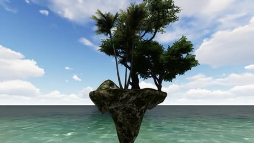 Floating Island with Green Trees in Surreal Ocean Landscape