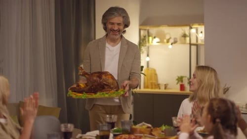 Stylish Mature Man Bringing Roasted Turkey
