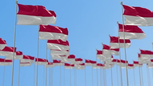 Indonesian Flags Waving in Blue Sky