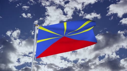 Animated Flag of Reunion Island Waving in Blue Sky