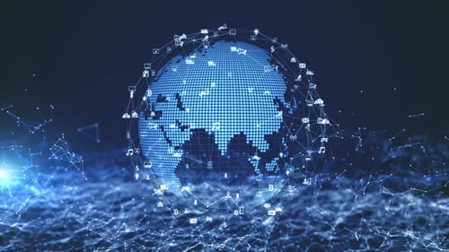 Futuristic Global Communication Network with Technology Icons