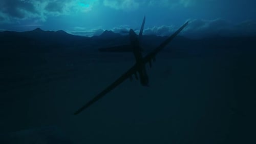 Futuristic Drone Aircraft Flying Over Dark Desert Landscape