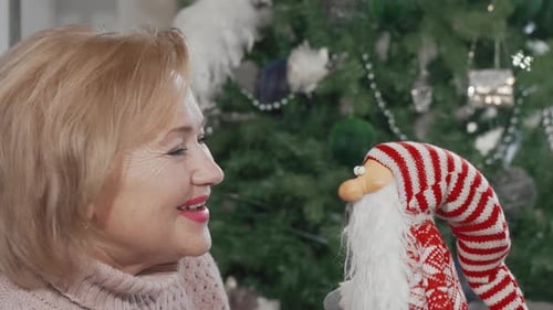 Smiling Woman with Christmas Santa Claus Decoration