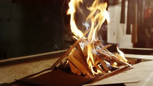 Burning fire at fireplace for blacksmith work