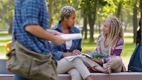 Female College Students Discussing Homework in Park