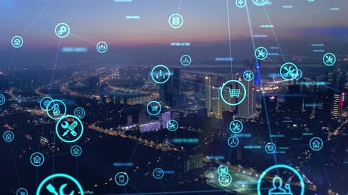 intelligente Skyline der vernetzten Stadt. Futuristisches Netzwerkkonzept, City Technology.
