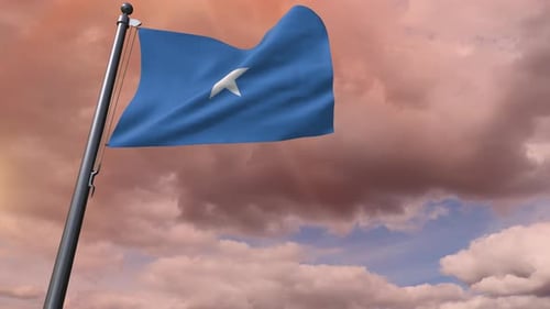 Waving Somalia National Flag on a Flagpole with Cloudy Sky Background
