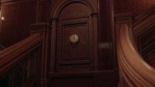 Luxurious Ornate Wooden Grand Staircase Interior with Clock Animation