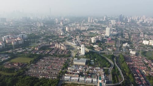 Drone shot city and car traffic in day