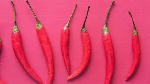 Red Chili Pepper on Red Background Top View