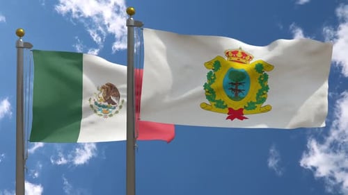 Mexico and Coat of Arms Flags Waving on Flagpoles