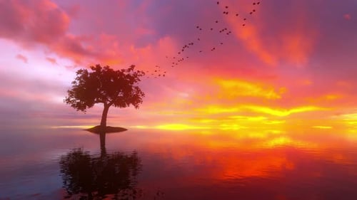Vibrant Sunset Sky Over Water with Lone Tree and Flying Birds
