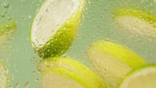 Lemon and Lime Cocktail Cooking Cold Lemonade Citrus Fruits in Water on Green Background Shooting of