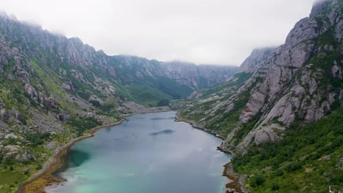 Flying Above Fjord Djupfjorden on Lofoten Islands Norway