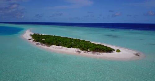 Tropical aerial copy space shot of a summer white paradise sand beach and turquoise sea background