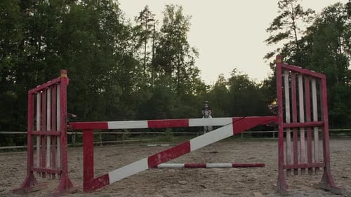 ZEITLUPE NAHAUFNAHME Junges Pferdemädchen Reiten Starkes braunes Pferd springt über den Zaun im sonnigen