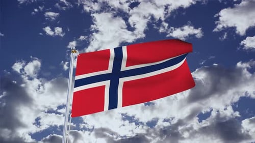 Realistic Norway Flag Waving Dynamically Against Cloudy Sky