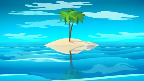 A small island with palm trees and sandy beach in the middle of the blue ocean.