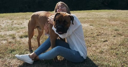 Woman Hugs Big Mastiff Dog in Green Park
