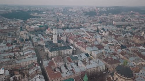 Aerial City Lviv, Ukraine. European City. Popular Areas of the City. Dominican
