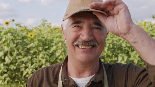 Farmer Smiling in a Sunflower Field