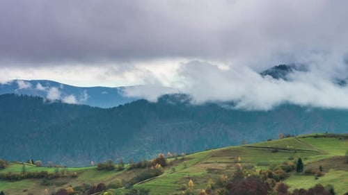 Paysages de collines verdoyantes sous une couche de nuages blancs et duveteux