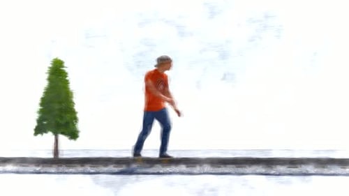 Artistic Brushstroke Animation of Skateboarder and Tree
