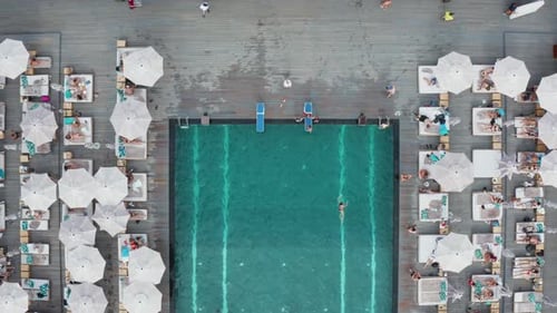 Aerial top view on swimming pool full of people having fun.