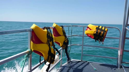 Bright Orange Life Jackets on Boat in Open Sea