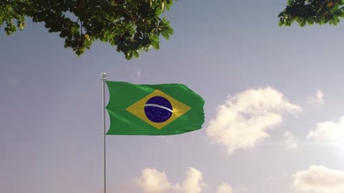 Modern Brazilian Flag Waving Over City Skyline